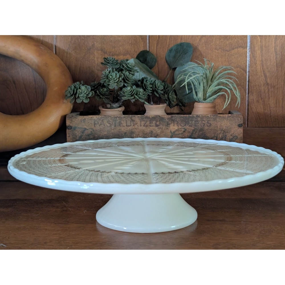 Vintage Milk Glass Cake Stand Gold Filigree Teardrop Scalloped Pedestal 10 Inch